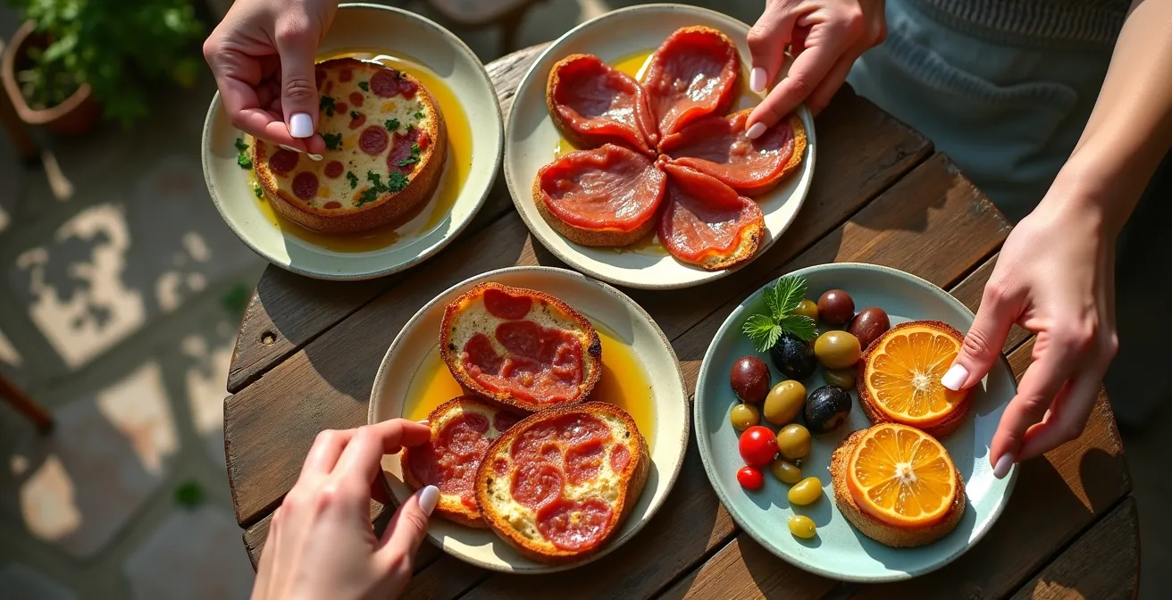 Mains féminines partageant des tapas colorées dans un patio historique de Palma