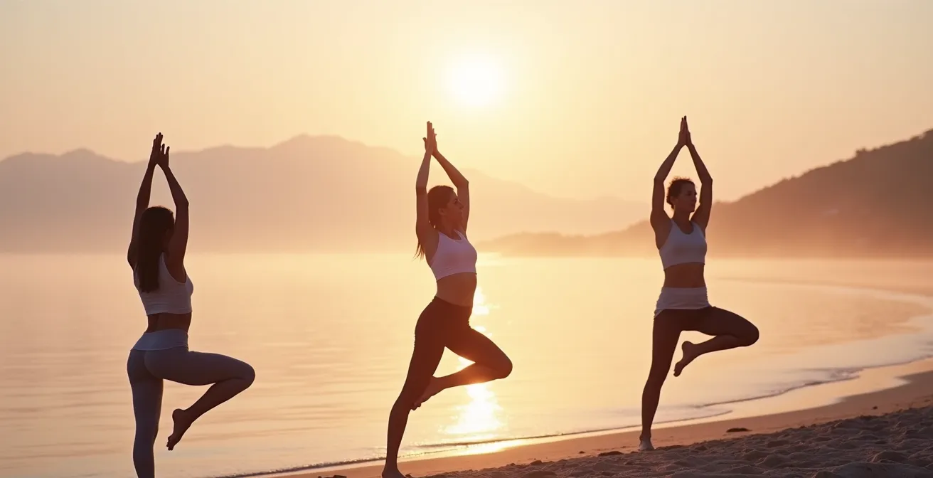 Séance de yoga collective sur la plage au lever du soleil méditerranéen