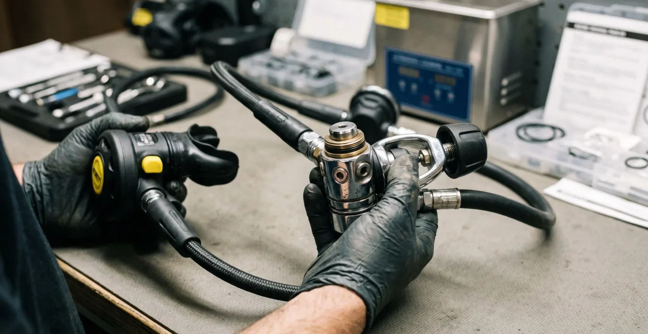 Gros plan sur un détendeur de plongée complet avec premier et second étage tenu par un technicien