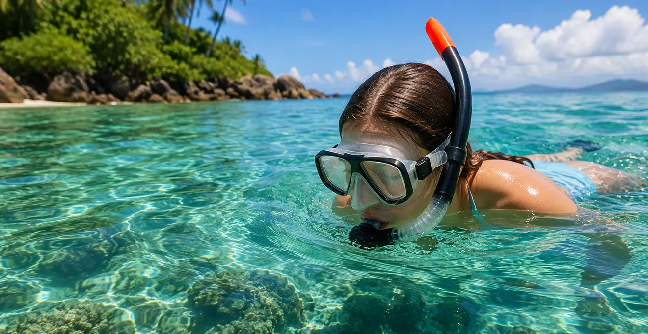 Snorkeleur vu depuis le fond marin peu profond, portant un masque classique avec tuba séparé, nageant en surface dans des eaux claires méditerranéennes