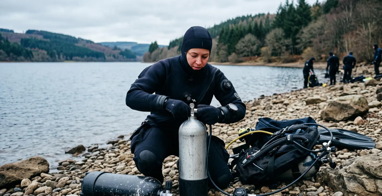 Plongeur en combinaison étanche vérifiant le montage de son détendeur sur la bouteille au bord d'un site de plongée en eau froide